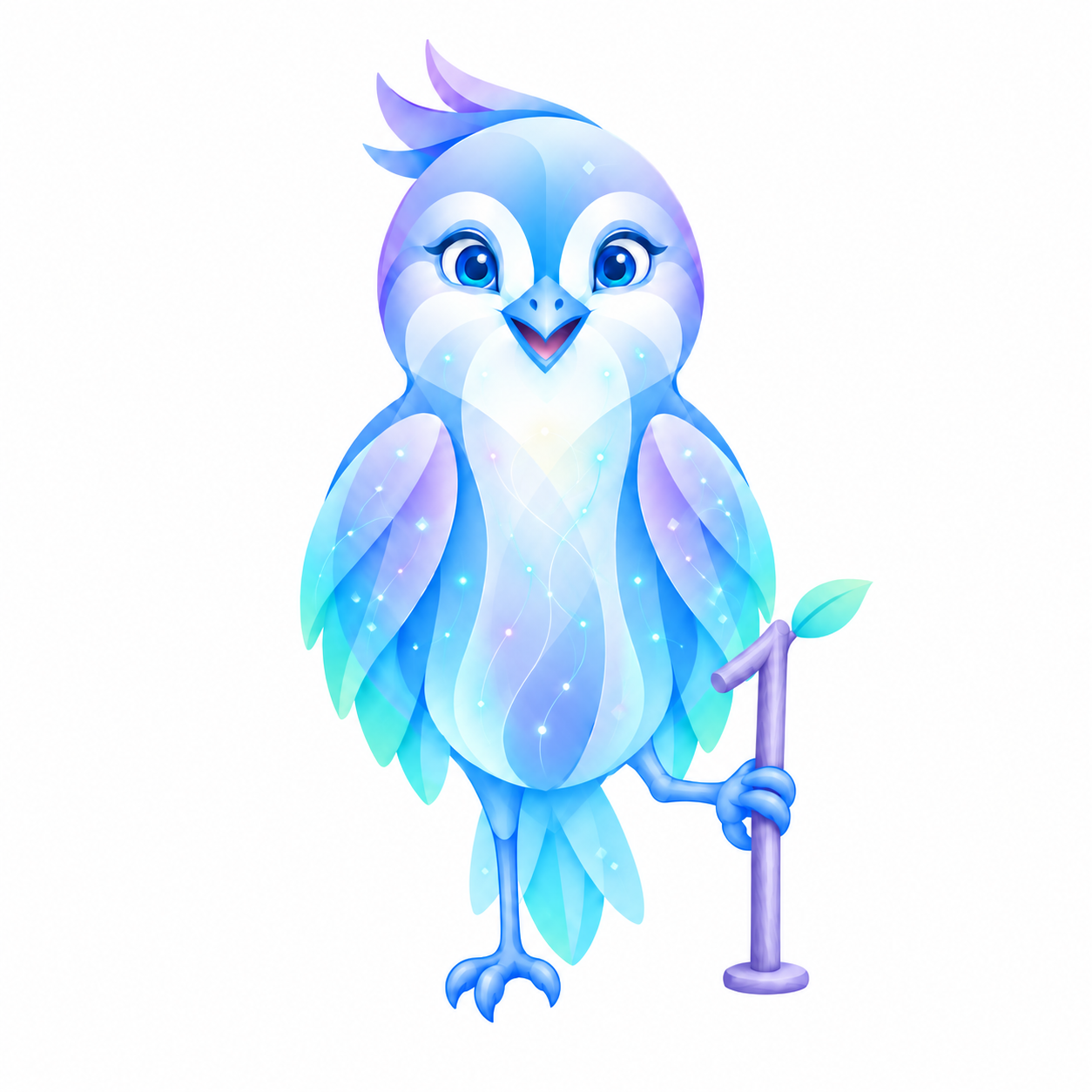 VI1’s blue and lilac bird, holding a small leafy twig